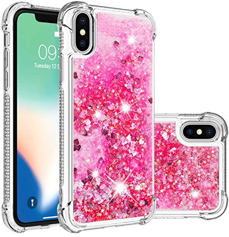 Coque Silicone Paillette Compatible avec iPhone XS Rose, Bumper Coque de Téléphone Brillant Floating Quicksands Étui Ultra Fine Silicone Housse anti-jaunissement Etui Compatible avec iPhone XS