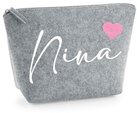 Kosmetiktasche personalisiert - Schminktasche Filz - Kosmetikbeutel mit Namen - Tasche mit Name und Herz - Filztasche - Geschenkidee (Hellgrau, M)