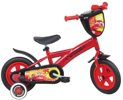 Disney Fahrradschutz für Kinder, 10 Zoll (25,4 cm), Cars/MC Queen mit dekorativer Frontplatte, Schutzblechen, Kurbelgehäuse, Rollen & 2 Stabilisatoren für Jungen, Rot, 10