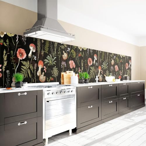 Arcondo Küchenrückwand Spritzschutz Selbstklebend mit Motiv Fliegenpilze und Gräser Folie Eco Glanz 400 x 100 cm