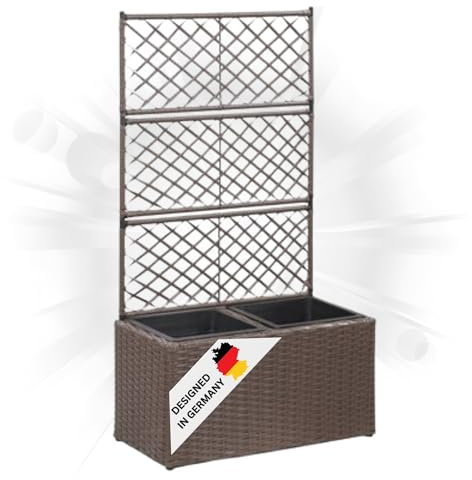 DELUKE Rankkasten Pflanzgefäß ELOT aus Rattan Braun | 2 Töpfe | 58x30x107cm | Hochbeet mit Rankgitter Pflanzkasten Balkon Terrasse Blumenkasten Pflanzkübel mit Rankhilfe