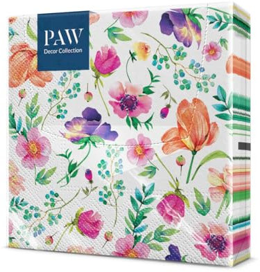 PAW - Serviette Papier 3 Plis (33 x 33 cm) I Lot de 20 I Parfait pour les Anniversaires, les Partys, les Mariages, la Kommunion et les Célébrations I Décoration de Table - Arrangement Floral