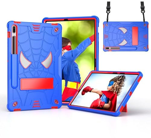 For Samsung Galaxy Tab S7FE/S7 Plus Case, S8 Plus 12.4 Inch Case for Kids, [Bulit-in Kickstand] [Shoulder Strap] [Pencil Holder] 3 Layer Full Protection Shockproof Case Cover, Blue Red