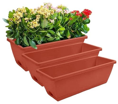 pdodo Juego de 3 maceteros, jardineras rectangulares con platillo, perfectas para alféizar de ventana, balcón, jardinera estrecha para interiores, macetas y hierbas