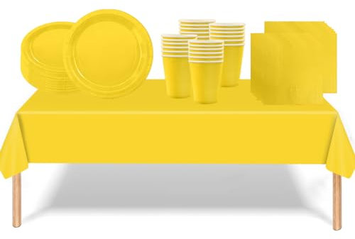 53PCS Sunflower Yellow Party Tableware Decorations for Kids Birthday, Disposable Tableware Set with TableCloth, Table Covers, 7inch Paper Plates, Paper Napkins, Cups for Xmas, Birthday