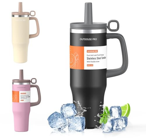 OUTDOUSE PRO Trinkbecher mit Strohhalm 40oz(1.2L), Edelstahl Vakuum-Isoliert Thermobecher, Auslaufsicher Becher mit Deckel, Spülmaschinenfest, BPA Frei Tumbler für Kalte Heiße Getränke, Schwarz