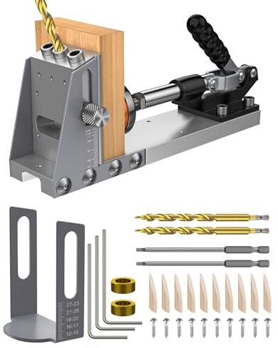 Pocket Hole Jig Kit, 31 Pcs Pocket Hole Drill Guide Jig Set for 15° Angled Holes, Adjustable and Easy to Clean All Metal Pocket Screw Jigs for DIY Carpentry Projects (Metallic Colour)