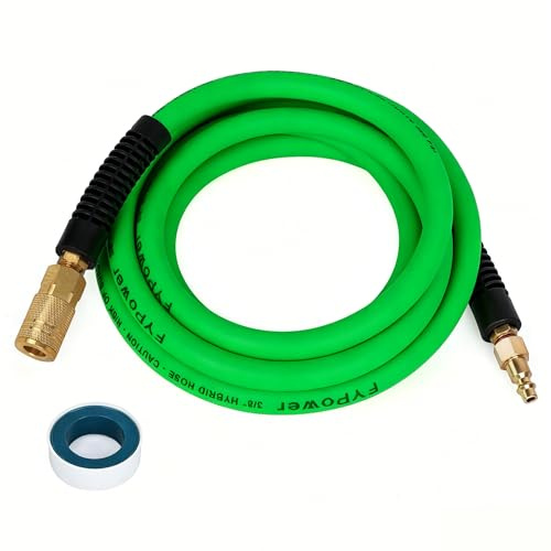 FYPower Air Compressor Whip Hose 3/8 x 3.05 Meters with Hybrid Connections, Flexible and Hem-Resistant, 1/4 Industrial Quick Connector Kit and Plug - Green