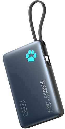 INIU Tragbares Ladegerät, Ultra Slim 10000mAh PD 20W Powerbank mit Eingebautem Kabel, Externe Telefon Powerbank Kompatibel mit iPhone 15/14/13/12/11, Samsung S22/S21, Google, AirPods, iPad usw.