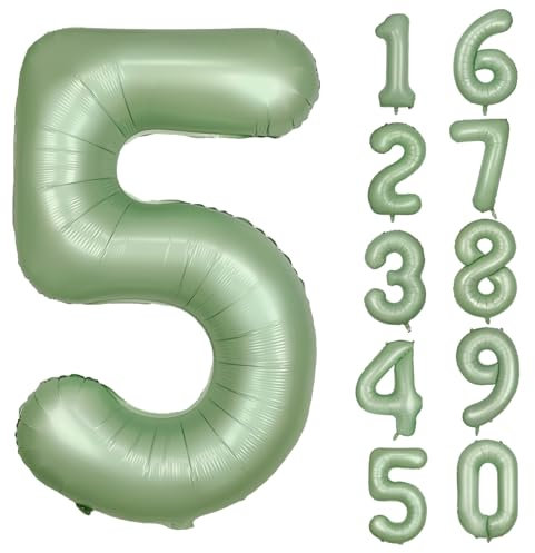 Grün Luftballon 5 Olivgrün Nummer 5 Folienballon Salbeigrün 5 Ballons 40 Zoll Mylar Helium Ballon für Geburtstag Party Dekorationen Mädchen Jungen Baby Dusche Hochzeit Jahrestag Deko (Nummer 5)