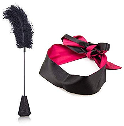 Feather Tickler, 16-Inch Teaser for BDSM Play & 59-Inch Satin Blindfold Set for Couples, Romantic Adult Fetish Kit