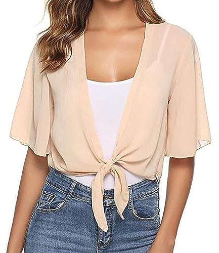 Generico 𝐁olero Rosa Cipria Cardigan Casual in Chiffon a Maniche Corte Tinta Unita da Donna Cardigan Donna (Beige, L)