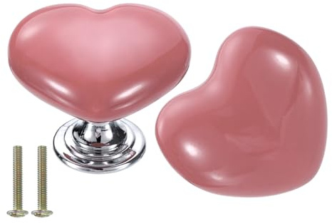 sourcing map 2 Packs Ceramic Drawer Knobs, Heart-Shaped Dresser Pulls, Decorative Drawer Knobs with M4 x 25mm Screw for Cupboard Wardrobe, Pink/Silver