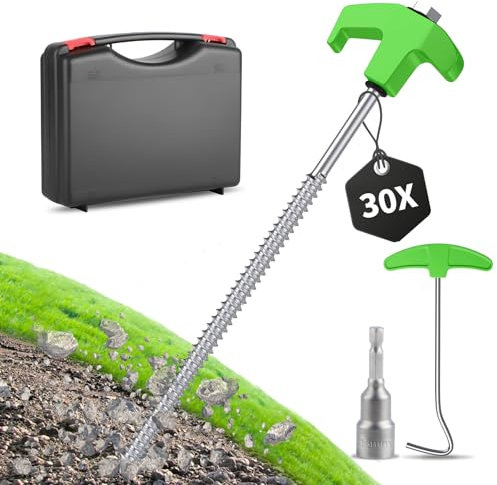 Forever Speed 30 Stück Zeltheringe aus Stahl mit Box [Bit ＆ Nagelzieher inkl.] 25 cm Camping Heringe Stahl Bodenanker Felsbodenhering für Harte Böden, Wald, Wiesen - Grün + Silber