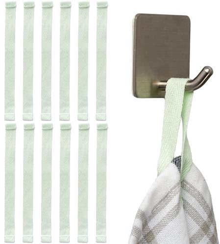 Handtuchaufhänger zum Annähen, 12 Stück, 150 x 12 mm Schlaufen, in Grün, aus Baumwolle, umgeschlagene und vernähte Enden, Aufhänger Halter Set für Geschirrhandtuch, Handtuch, Lappen, Deko, Camping