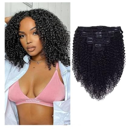 Haarverlängerungen mit Clips Afro Kinky Curly Clip-in-Haarverlängerungen, Echthaar-Clip-in-Extensions, 8 Stück, 120 g/Set, brasilianisches Remy-Haar, lockiges Haar, Clip-Ins for schwarze Frauen Clip I