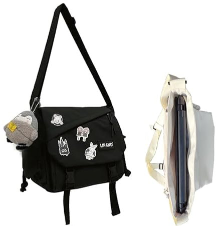 Inshere Aesthetic Crossbody Bag with Cute Pins and Ornament, Nylon Laptop Bag Japanese Kawaii Bag for Women Men Black