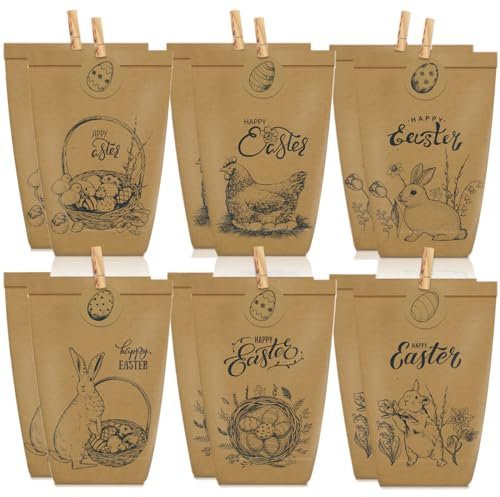 AWOGIPD 12 Geschenktüten zu Ostern, Bedruckte Ostertüten zum Befüllen, Geschenktüten für Osternest Dekoration, zum Verpacken von Geschenken für Kinder und Erwachsene