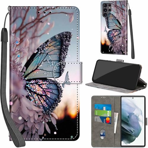 Handyhülle für Samsung Galaxy S22 Ultra Hüllen Premium Leder Case Klappbar Wallet Magnet Kartenfach Standfunktion Schutzhülle kompatibel mit Samsung S22 Ultra Cover,Schmetterling