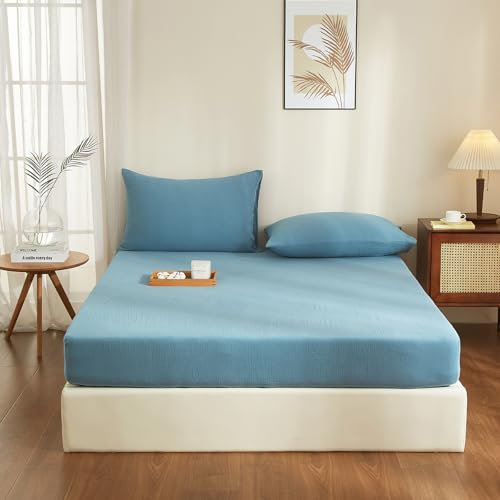 YASMENG Doppelte Muslin Spannbettlaken 180x200cm 100% Baumwolle Petrol Muslin Bettlaken 180x200cm Baumwolle Weich Atmungsaktiv Kuschelige Spannbetttuch Boxspringbett Geeignet für 30cm Matratze