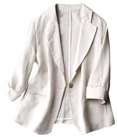 Generisch 2025 Giacca da donna taglie forti, slim fit, in cotone e lino, leggera, tinta unita, con un bottone, maniche a 7/4 cappotto vera pelliccia da donna, beige., 3XL