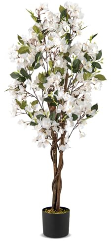 COSTWAY 120 cm Kunstbaum mit Blüten, Kunstpflanze im Topf, Künstlicher Bougainvillea Baum, Fake Topfpflanze, Künstliche Pflanzen für Indoor Outdoor Schlafzimmer Büro Garten Dekoration (Weiß,1)
