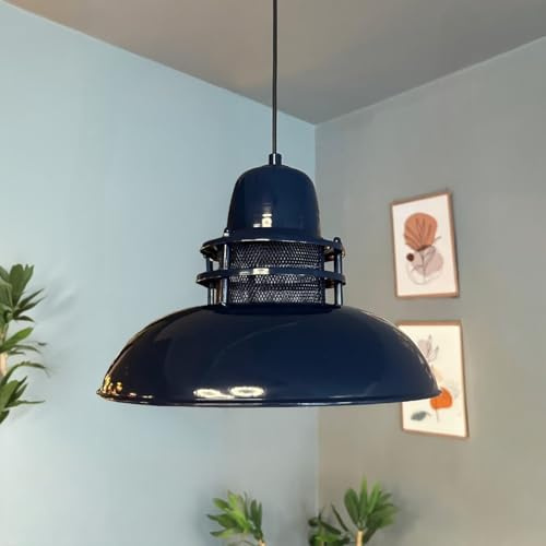 bamyum Torchia Lámpara Colgante Industrial, Lampara de Salón Cocina de Metal 34 cm, Lámpara Vintage para Dormitorio, Comedor, Pasillo, Lámpara Colgante Industrial, Iluminación Techo Azul Marino