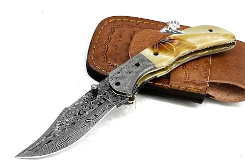 Generico Coltello Artigianale Da Caccia in Acciaio Damasco Coltello da Collezione, Coltello Tascabile, Con Fodero, Coltello Fatto A Mano, Regalo