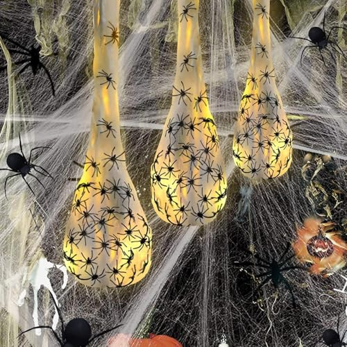 NEMMXUB Halloween Deko, 3 Pcs Halloween Hängende Leuchtende Spinneneiersäcke, 3 Modi Warmweiß Lich Spinnen Eier Dekoration, Spinneneierbeutel Dekoration für Baum, Garten, Party (90-100cm)