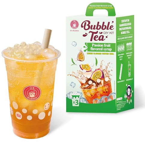 O’s Bubble Popping Boba – Kit DIY Bubble Tea (Passion Fruit Green Tea) | 3 paquets de sirop de pêche et 3 boba popping à la mangue, pour faire du thé moussant fruité, 3 portions
