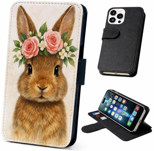 Cute Bunny Rabbit Wallet Phone Case Flip Cover Compatible with iPhone SE, X, XR, 11, 12, 13, 14, 15, 16 16E, 17 (Air, Plus, Mini, Pro, Max Models) – Faux Leather Cute Rabbit Print, Animal Lover Black