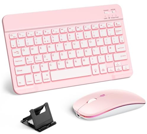 Vobafe Bluetooth Keyboard and Mouse Set with Phone Holder, Backlight | Quiet Rechargeable Wireless Keyboard and Mouse for iPad/Samsung/iOS/Android/Windows, Ultra-thin keyboard, UK layout, Pink