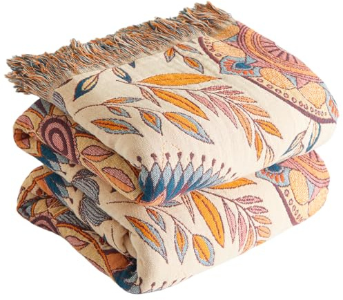 Bailix Premium Boho Tagesdecke 100% Baumwolle Kuscheldecke mit Fransen Doppelseitige Musselin Boho Decke 150x200cm, Kuschelige Sofadecke & Bettüberwurf, Sommedecke für Wohnzimmer Beige/Glasblau