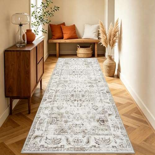 Homcomodar Boho Flur Teppich Läufer 80x200cm rutschfest Küche Läufer Teppiche Waschbar Teppich Läufer Flur für Küche Schlafzimmer Eingang Waschküche(Beige)
