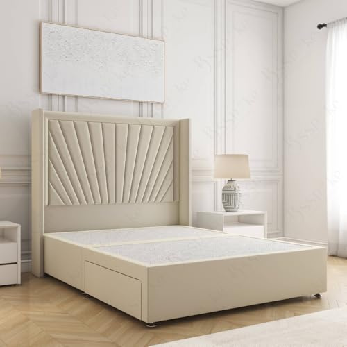 BSSPOKE Alina Divan Double Bed Base | Plush Velvet 54” Winged Headboard | Mattress & Storage Drawers Option (Cream, 4ft6 Double)