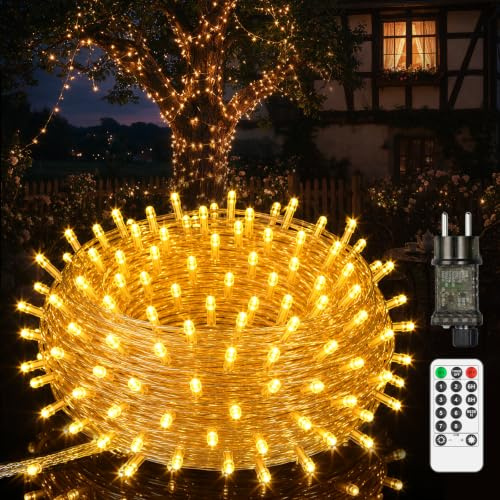 LED Lichterkette Außen 25m mit 200 Warmweißen LEDs, Strombetriebene Lichterkette für Innen & Außen, IP44 Spritzwassergeschützt mit Fernbedienung und Timer, 8 Leuchtmodi für Balkon Deko, Gartendeko