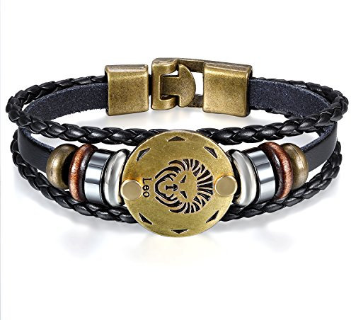 JewelryWe Schmuck Herren Damen Löwe Armband, 12 Tierkreis Sternzeichen Horoskop Charms Druckknopf Armreif, Leder Legierung, schwarz