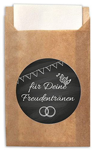 JuNa-Experten 25 Freudentränen Aufkleber + 25 Flachbeutel Geschenk-Tüten Papiertüten für Taschentücher für Hochzeit/romantische Sticker mit Tüten (6,50 x 9,0 +1,4 cm)