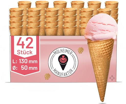 MyNaschbar Süße Eiswaffeln Hörnchen 42 Stück, 130 mm lang, Ø 50 mm, VEGAN - Essbare Eistüten perfekt für 1-2 Kugeln Eis oder Softeis – Eiswaffeln in Eisdielen-Qualität