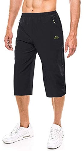 EKLENTSON Herren Dreiviertel Fitnesshose Caprihose Active Hose Outdoor Laufen Jogging (36, Schwarz)