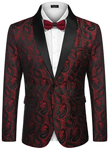 COOFANDY Mens Floral Tuxedo Jacket Paisley Shawl Lapel Suit Blazer Jacket for Dinner,Prom,Wedding, Wine Red, M
