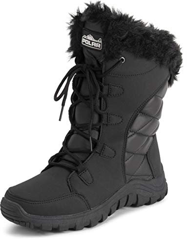 Polar Womens Quilted Faux Fur Cuff Winter Duck Rubber Sole Durable Snow Rain Outdoor Boots - Black Leather - UK5/EU38 - YC0654