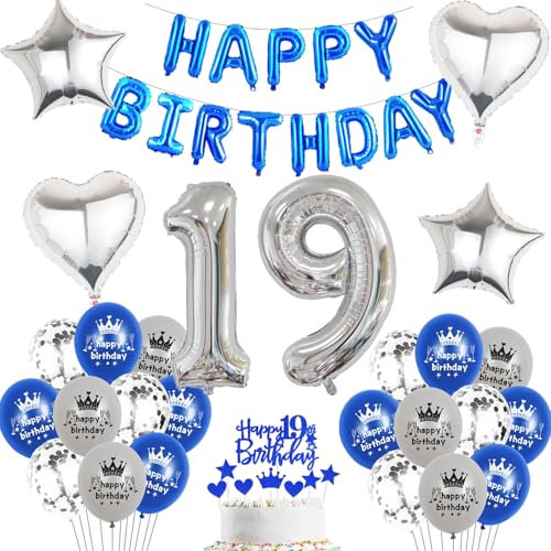 Luftballon 19.Geburtstag Junge blau silber deko Folienballon 19 jahre Geburtstags deko Junge mädchen silber happy Birthday 19th Geburtstagsdeko 19 Ballon 19 jahre Geburtstag mädchen Dekoration (19)