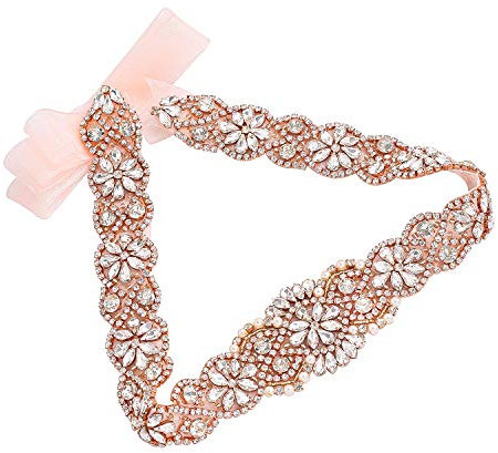 WEZTEZ Wedding Belt with Rhinestones Beads Sash Organza Bridal Belt for Wedding Gown Rose Gold Plus Size, Rose Gold-organza Blush, 106.69x0.78 Inches