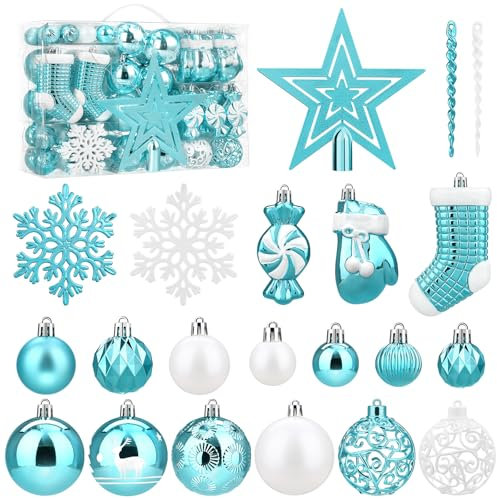 SOLEDI Set di 128 Palline di Natale - Accessori Decorativi per L'Albero di Natale - addobbi Natalizie in Blu e Bianco - Diverse Forme di Palline ed Un Puntale per Albero di Natale
