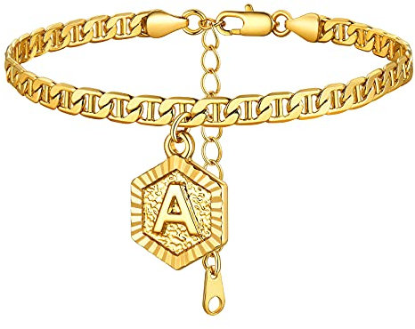 FOCALOOK 18k vergoldet Fußkette für Damen Mädchen Hexagon Anhänger Buchstabe A mit Marine-Kette 22cm Initiale Fußkettchen Armband Sommer Strand Accessoire