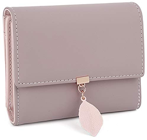 UTO Geldbörse Damen mit Blatt Anhänger PU Leder Kurzes Portemonnaie Kleines Portmonee Mädchen Kartenhalter mit Mehreren Fächern Reißverschluss Brieftasche Geldbeutel Pale Mauve