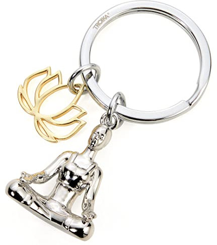 Troika Yoga Schlüsselanhänger mit Zwei Anhängern, Motiv: Frau im Yoga Meditationssitz und stilisierte Lotusblüte, aus Metallguss, Farbe: Silber/Gold, KR22-01/CH