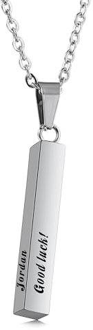 MeMeDIY Personalized Bar Necklace for Men, Customizable Necklace with 3d Vertical Bar Pendant, Engraved Initial Names/Dates/Coordinates/Text, Personalized Jewelry Gifts for Father/Boyfriend (B:Silver)