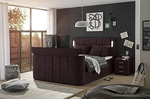 Froschkönig24 Dallas Boxspringbett Bett 180x200 cm, inkl. Bettkasten & motorisierter TV-Halterung Lila, Ausführung:Variante 2
